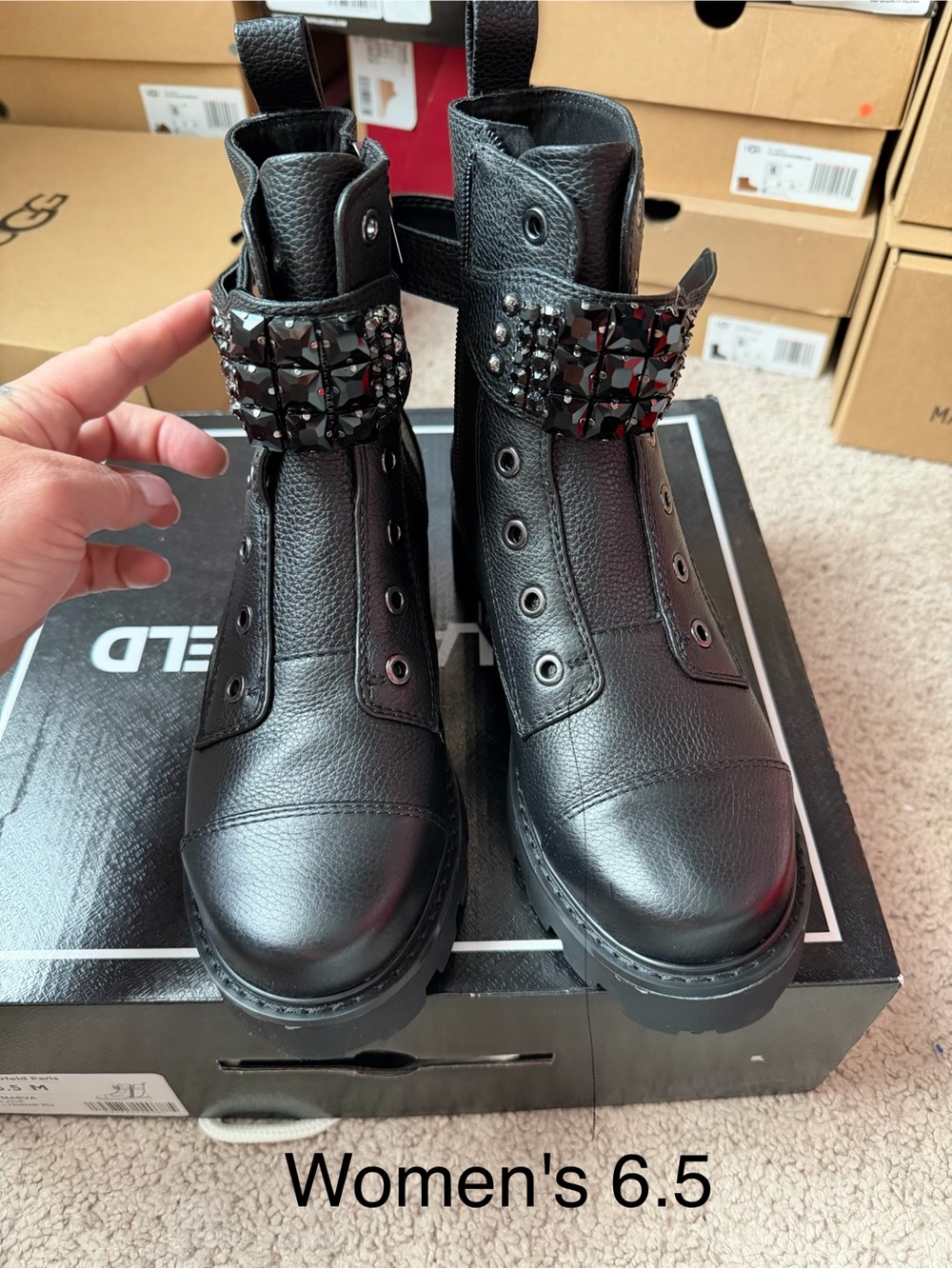 Karl Lagerfeld Black Studded Leather Lace-Up Boots NEW